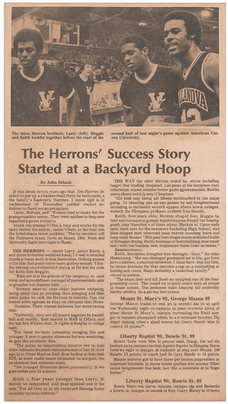 Full newspaper feature: 'The Herrons' Success Story Started at a Backyard Hoop' by John Schulz, Washington Star Staff Writer