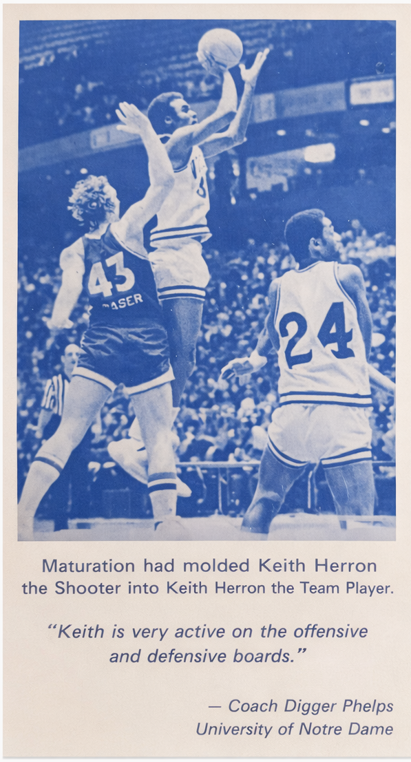 Keith Herron going up over Notre Dame defender #43 Fraser, with Digger Phelps quote below