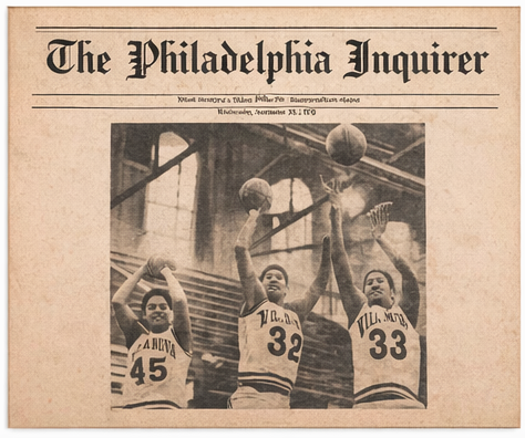 Philadelphia Inquirer front sports page showing all three Herron brothers in game action — #45, #32, and #33
