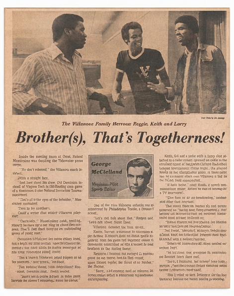 Newspaper article headlined 'Brother(s), That's Togetherness!' featuring the Villanova Family Herrons: Reggie, Keith, and Larry