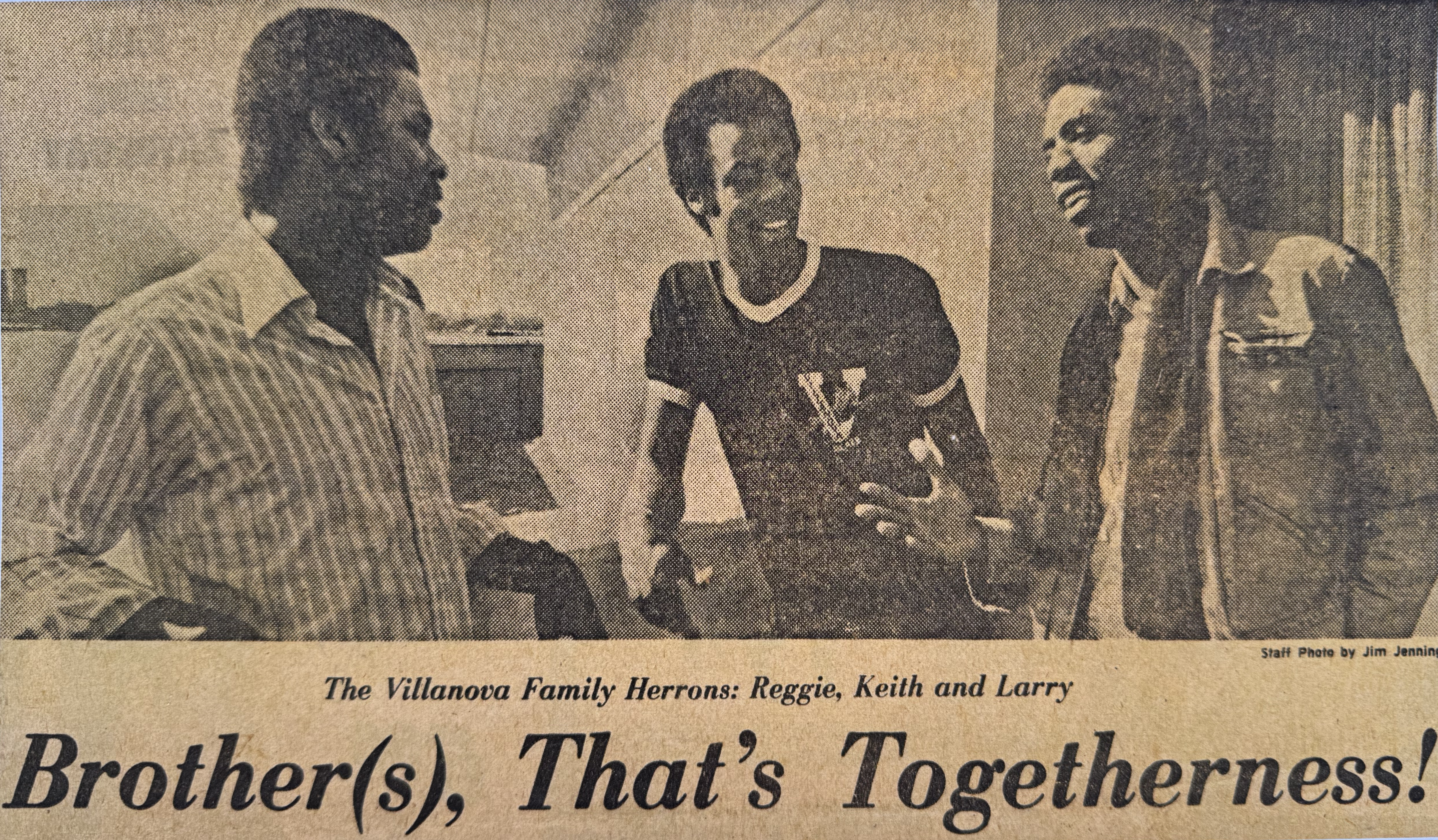 Newspaper article headlined 'Brother(s), That's Togetherness!' featuring the Villanova Family Herrons: Reggie, Keith, and Larry
